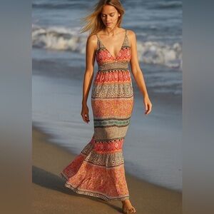 Anthropologie Revolve Boemo Boho Hippie Multi Pattern Maxi Sundress Size M